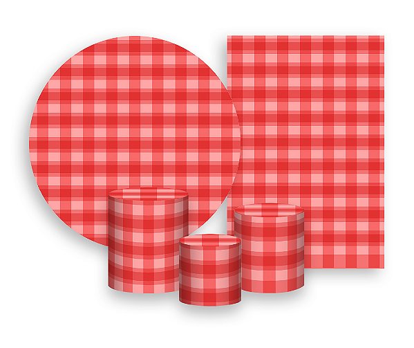 Kit 2 Painéis De Festa + Trio De Capas Cilindro - Camadas Xadrez Vermelha 028