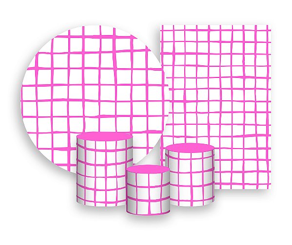 Kit 2 Painéis De Festa + Trio De Capas Cilindro - Estampa Grid Quadriculada Pink 039