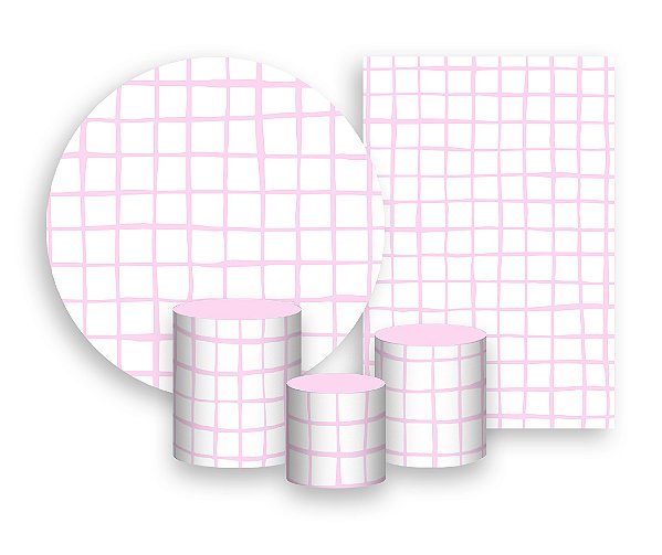 Kit 2 Painéis De Festa + Trio De Capas Cilindro - Estampa Grid Quadriculada Rosa Suave 041