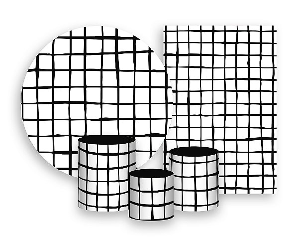 Kit 2 Painéis De Festa + Trio De Capas Cilindro - Estampa Grid Quadriculada Preto 045