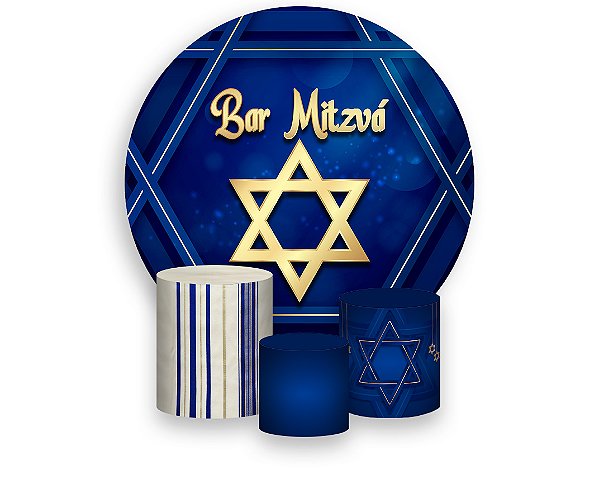 Painel De Festa Redondo 1,50 x 1,50 + Trio De Capas Cilindro - Bar Mitzvá Azul e Dourado 043