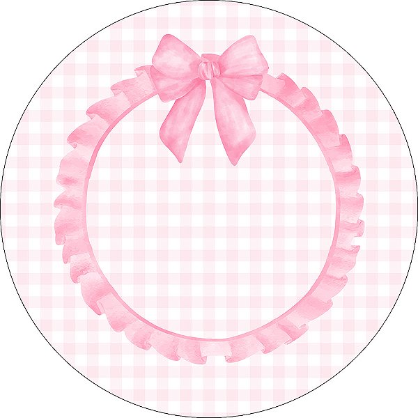 Painel De Festa Redondo 1,50x1,50 - Laço Rosa Fundo Xadrez 069