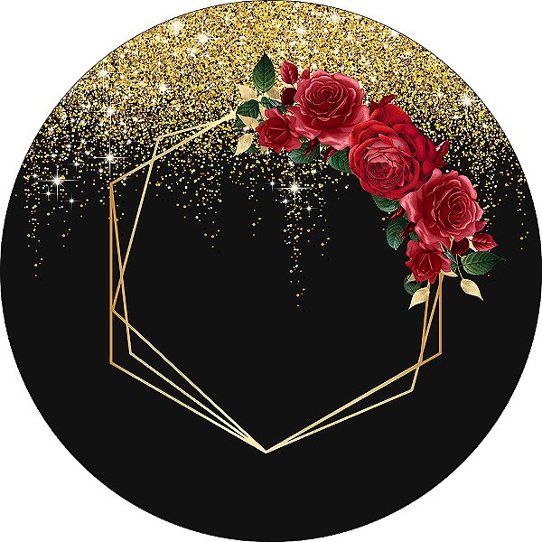 Painel De Festa Redondo 1,50x1,50 - Geométrico Dourado com Rosas 093