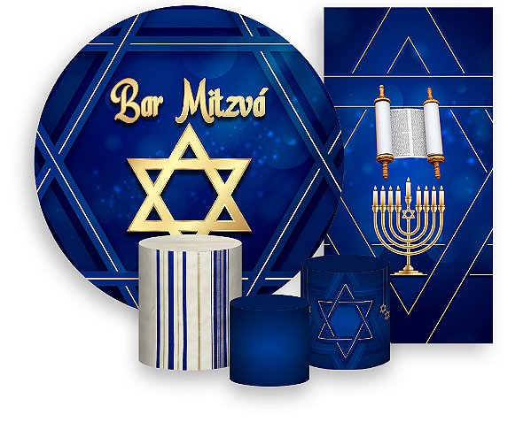 Painel De Festa + Trio De Capas Cilindro + Faixa Veste Fácil - Bar Mitzvá Judaico Azul 015