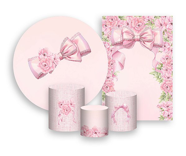 Kit 2 Painéis De Festa + Trio De Capas Cilindro - Laço Rosa com Flores 018