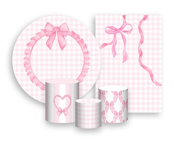 Kit 2 Painéis De Festa + Trio De Capas Cilindro - Laço Rosa Fundo Xadrez 019