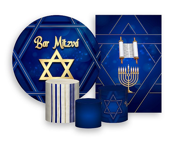 Kit 2 Painéis De Festa + Trio De Capas Cilindro - Bar Mitzvá Judaico Azul 017