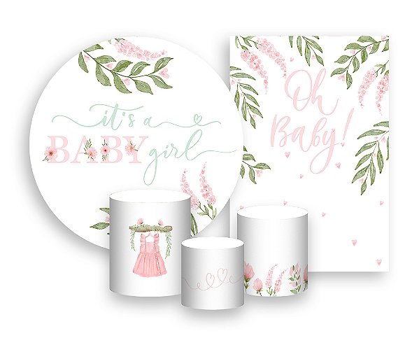 Kit 2 Painéis De Festa + Trio De Capas Cilindro - Chá de Bebê It's a Girl Floral 028