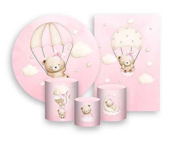 Kit 2 Painéis De Festa + Trio De Capas Cilindro - Ursinha Baloeira Rosa Paraquedas 031