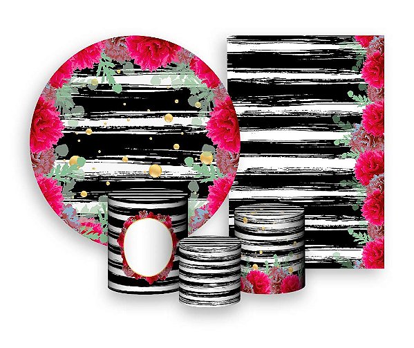 Kit 2 Painéis De Festa + Trio De Capas Cilindro - Flores Rosas e Listras Preto e Branco 005