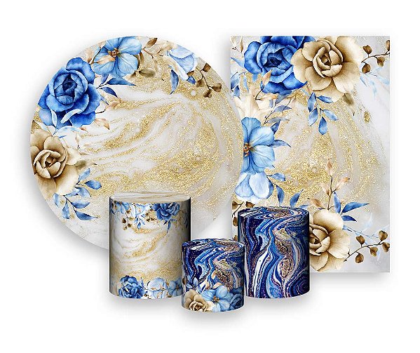 Kit 2 Painéis De Festa + Trio De Capas Cilindro - Flores Azul e Dourado 009