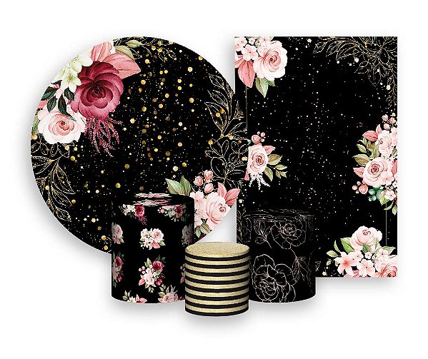 Kit 2 Painéis De Festa + Trio De Capas Cilindro - Flores Rosas Efeito Brilhos 010