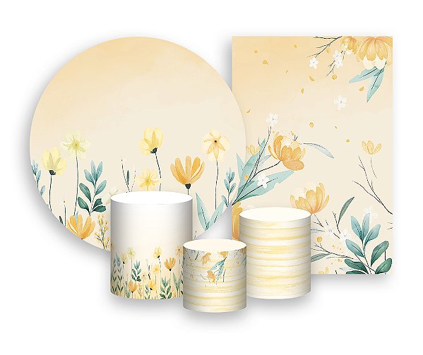 Kit 2 Painéis De Festa + Trio De Capas Cilindro - Flores Amarelas Aquarela 024