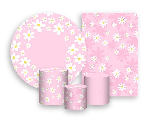 Kit 2 Painéis De Festa + Trio De Capas Cilindro - Margaridas Fundo Rosa Suave 030