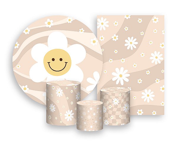 Kit 2 Painéis De Festa + Trio De Capas Cilindro - Flor Sorridente Fundo Bege  032