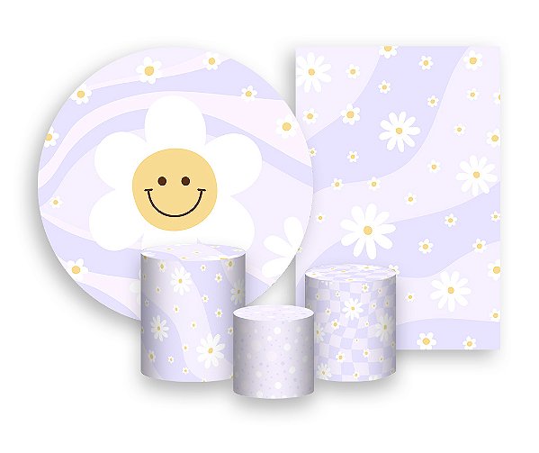 Kit 2 Painéis De Festa + Trio De Capas Cilindro - Flor Sorridente Fundo Lilás 033