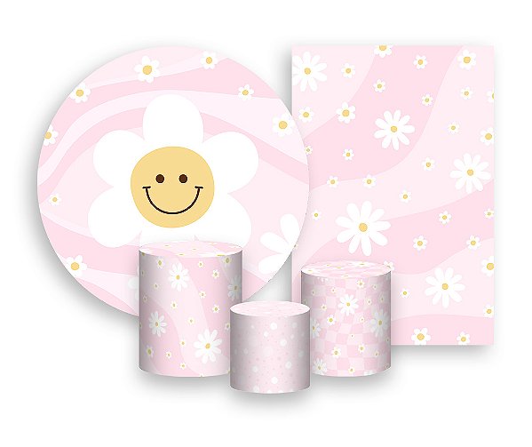 Kit 2 Painéis De Festa + Trio De Capas Cilindro - Flor Sorridente Fundo Rosa 034