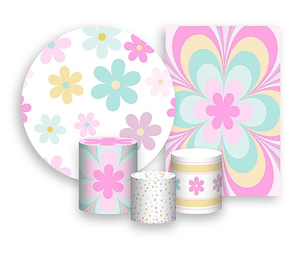 Kit 2 Painéis De Festa + Trio De Capas Cilindro - Margaridas Coloridas 038