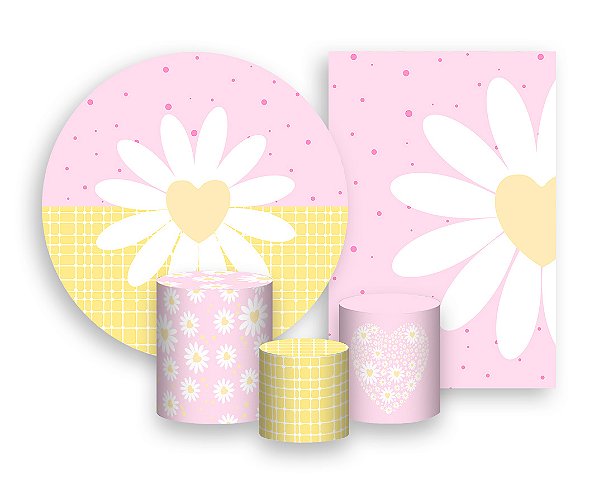 Kit 2 Painéis De Festa + Trio De Capas Cilindro - Margarida Rosa e Amarelo 039