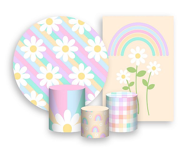 Kit 2 Painéis De Festa + Trio De Capas Cilindro - Margaridas Listras Coloridas 040