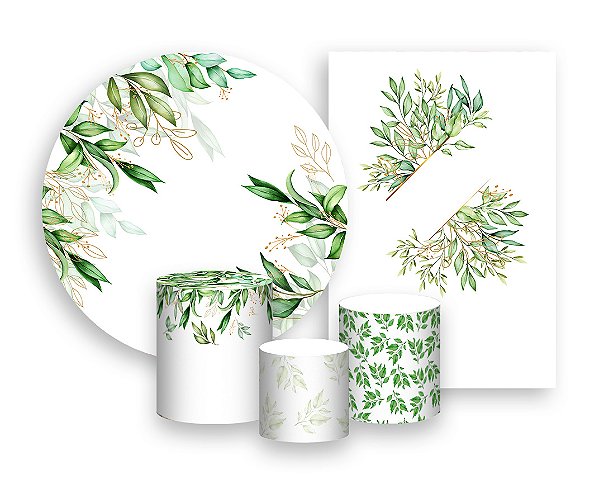 Kit 2 Painéis De Festa + Trio De Capas Cilindro - Belas Folhagens Verde 042
