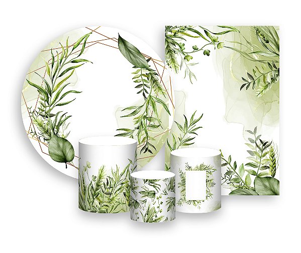 Kit 2 Painéis De Festa + Trio De Capas Cilindro - Folhagens Efeito Mámore Verde 043