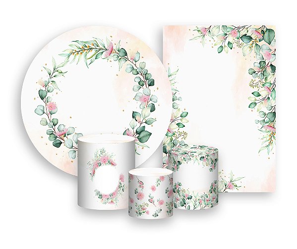 Kit 2 Painéis De Festa + Trio De Capas Cilindro - Flores e Folhas Verde e Rosa 044