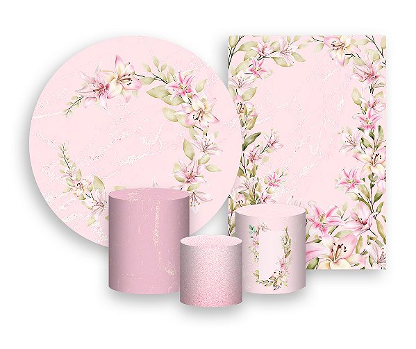 Kit 2 Painéis De Festa + Trio De Capas Cilindro - Flores Lírios Rosas 045