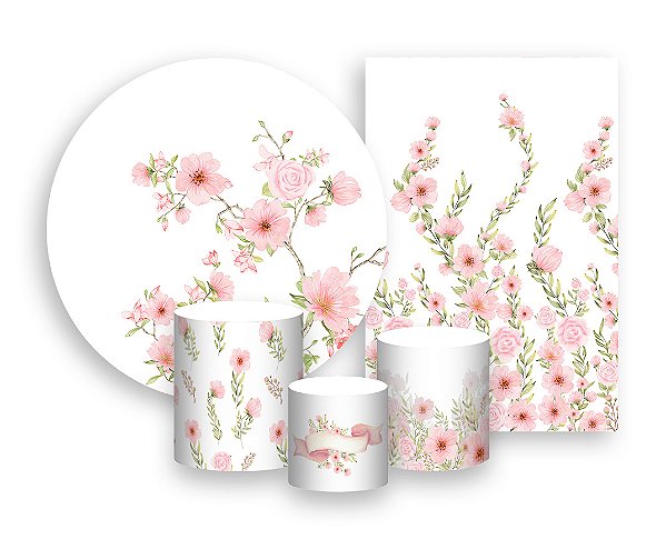 Kit 2 Painéis De Festa + Trio De Capas Cilindro - Jardim Flores Rosas 047