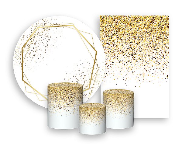 Kit 2 Painéis De Festa + Trio De Capas Cilindro - Branco Efeito Glitter Dourado 008