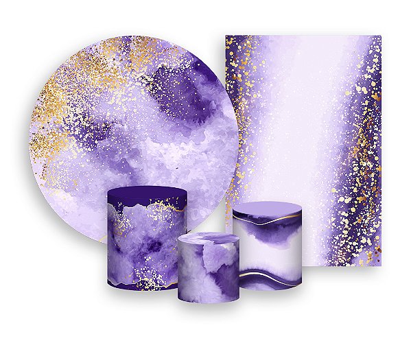 Kit 2 Painéis De Festa + Trio De Capas Cilindro - Efeito Mármore Lilás Dourado 009