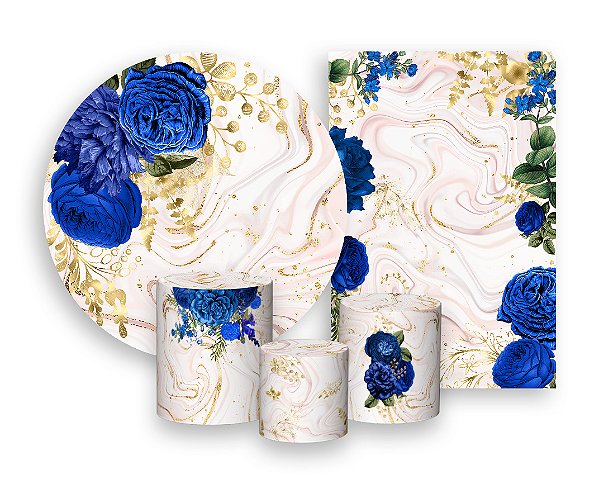 Kit 2 Painéis De Festa + Trio De Capas Cilindro - Flores Azuis Efeito Mármore Rose 012
