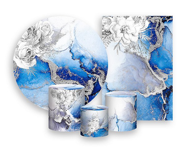 Kit 2 Painéis De Festa + Trio De Capas Cilindro - Efeito Mármore Azul e Prata 024