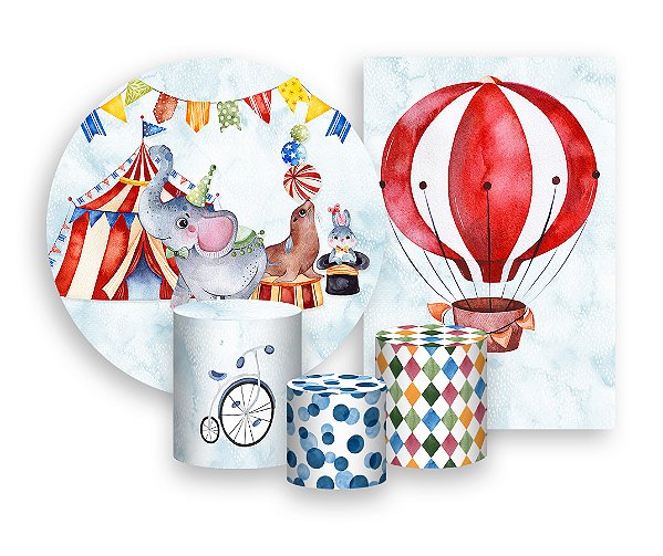 Kit 2 Painéis De Festa + Trio De Capas Cilindro - Circo Clássico Azul Aquarela 010