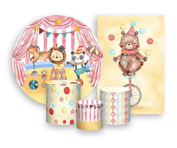 Kit 2 Painéis De Festa + Trio De Capas Cilindro - Animais Circo Aquarela 011