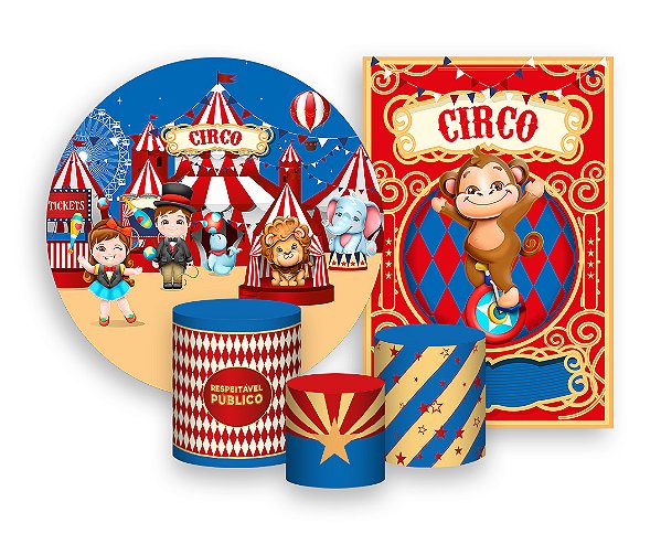 Kit 2 Painéis De Festa + Trio De Capas Cilindro - Circo Vermelho com Dourado 013