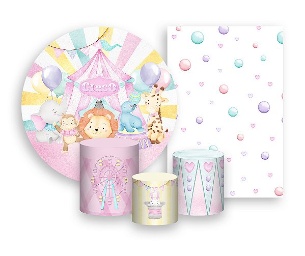 Kit 2 Painéis De Festa + Trio De Capas Cilindro - Circo Cute Rosa 015