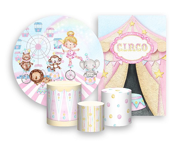 Kit 2 Painéis De Festa + Trio De Capas Cilindro - Bailarina Circo 016