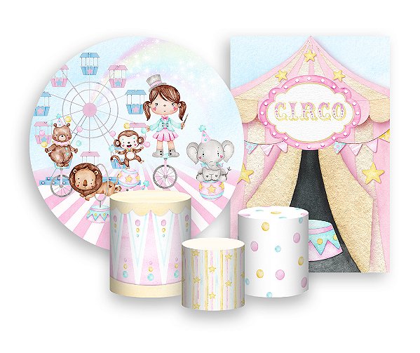 Kit 2 Painéis De Festa + Trio De Capas Cilindro - Mágica Circo Aquarela 020