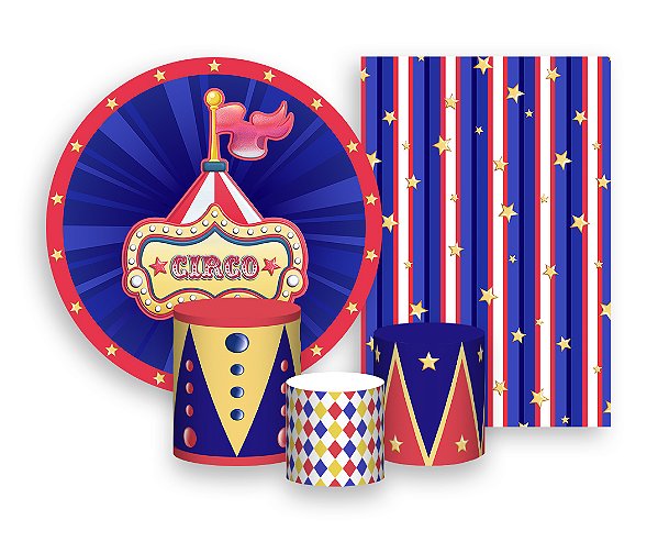 Kit 2 Painéis De Festa + Trio De Capas Cilindro - Circo Tradicional Azul e Vermelho 022
