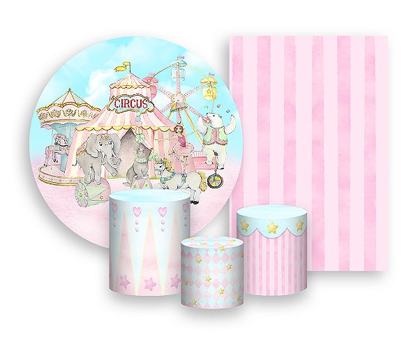 Kit 2 Painéis De Festa + Trio De Capas Cilindro - Circo Rosa Aquarela 023