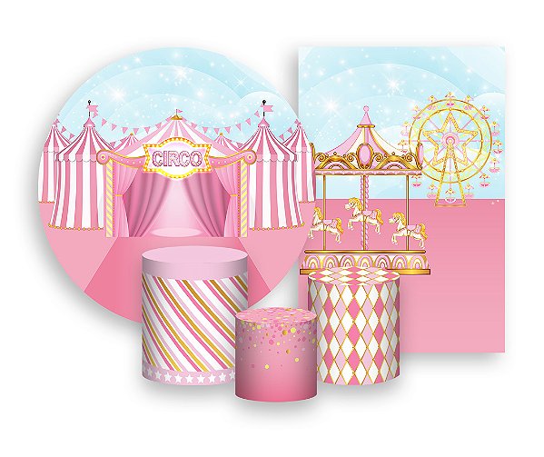 Kit 2 Painéis De Festa + Trio De Capas Cilindro - Circo Tenda Rosa 025