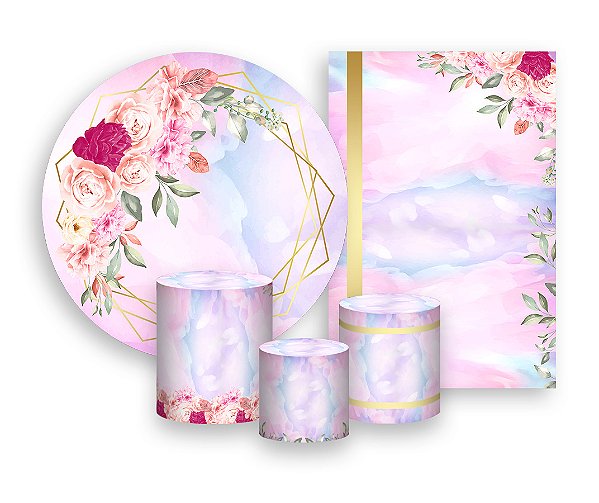 Kit 2 Painéis De Festa + Trio De Capas Cilindro - Geométrico Rosa com Flores 004