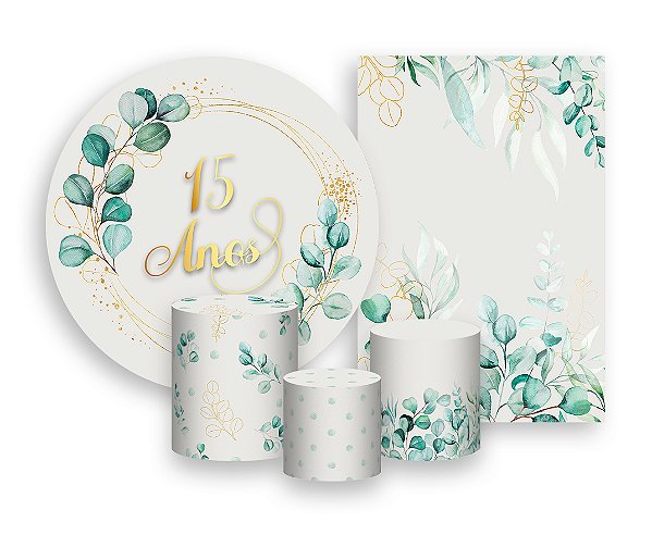 Kit 2 Painéis De Festa + Trio De Capas Cilindro - Meus 15 Anos Geométrico Folhagens 006