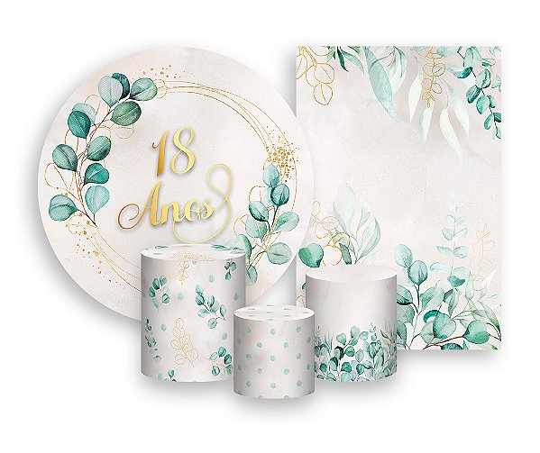 Kit 2 Painéis De Festa + Trio De Capas Cilindro - Meus 18 Anos Geométrico Folhagens 007
