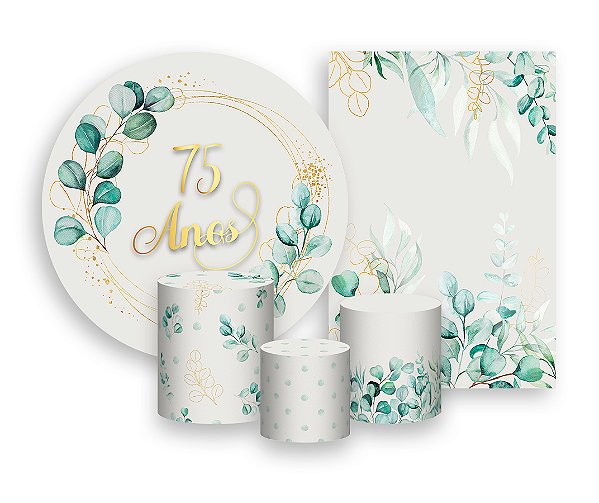Kit 2 Painéis De Festa + Trio De Capas Cilindro - Meus 75 Anos Geométrico Folhagens 019