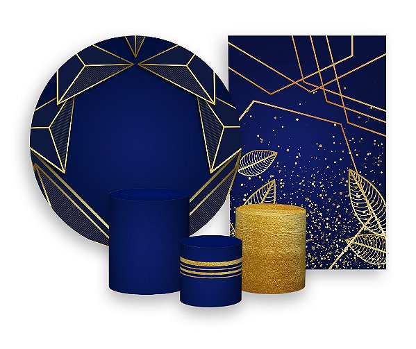 Kit 2 Painéis De Festa + Trio De Capas Cilindro - Azul com Geométrico Dourado 022