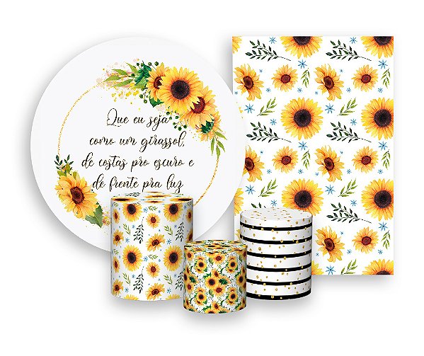 Kit 2 Painéis De Festa + Trio De Capas Cilindro - Geométrico com Flor de Girassol 023