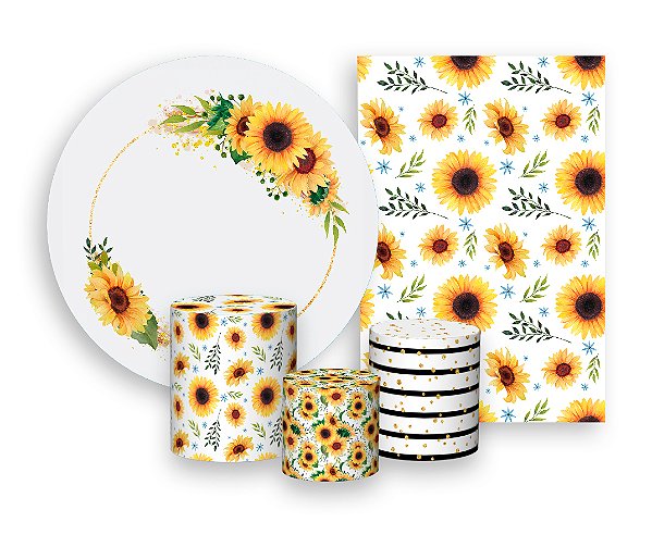 Kit 2 Painéis De Festa + Trio De Capas Cilindro - Geométrico Dourado com Girassóis 024