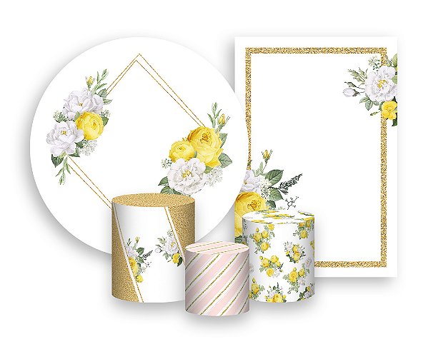 Kit 2 Painéis De Festa + Trio De Capas Cilindro - Flores Amarelas com Geométrico Dourado 025